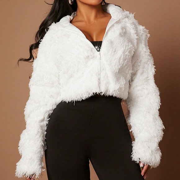 White Preppy Womens Solid Open Front Fuzzy Coat - Picture 3 of 5